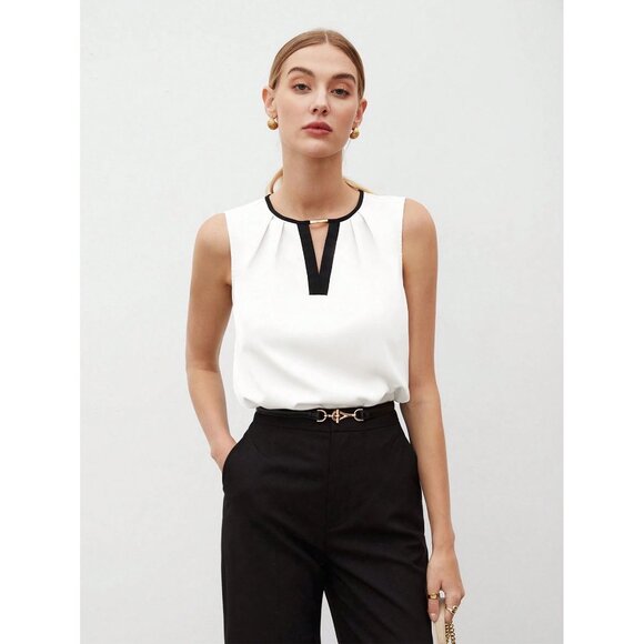 White Sleeveless Top Black Contrast Trim Minimalist Preppy Business - Picture 1 of 1